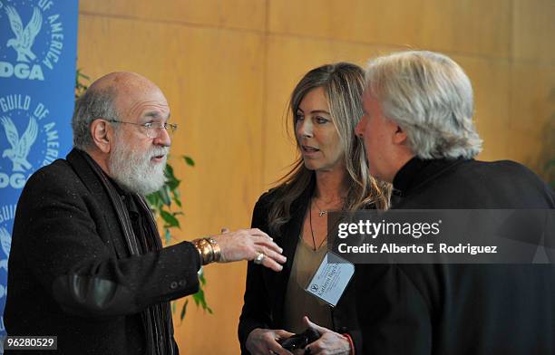 Moderator Jeremy Kagan, DGA feature film director nominees Kathryn Bigelow and James Cameron attend the 62nd Annual Directors Guild Of America Awards...