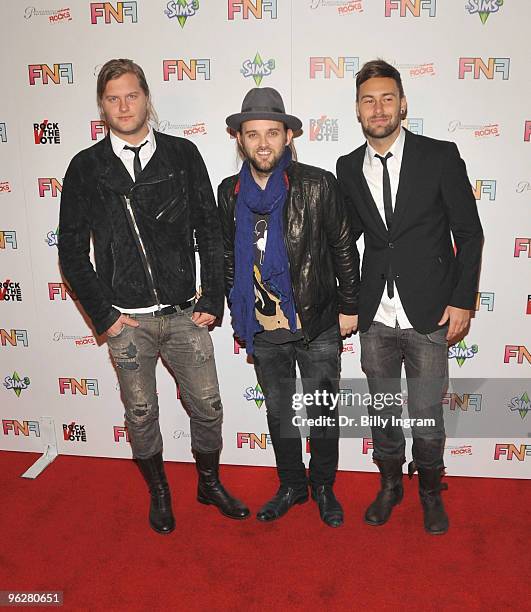 Musicians Johann Carlsson, Chad Wolf and Rickard Goransson of the band Carolina liar arrive at the Friends And Family GRAMMY Event at Paramount...