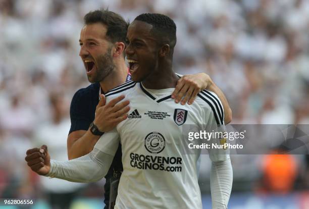 Fulham's Ryan Sessegnon celebrate they win After the Championship Play-Off Final match between Fulham and Aston Villa at Wembley, London, England on...