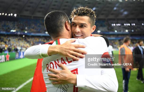 Cristiano Ronaldo of Real Madrid is congratulated after the UEFA Champions League Final between Real Madrid and Liverpool at NSC Olimpiyskiy Stadium...