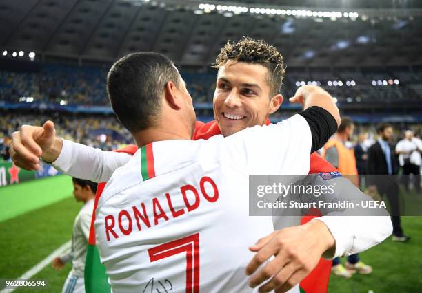 Cristiano Ronaldo of Real Madrid is congratulated after the UEFA Champions League Final between Real Madrid and Liverpool at NSC Olimpiyskiy Stadium...