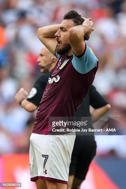 Robert Snodgrass of Aston Villa reacts during the Sky Bet Championship Play Off Final between Aston Villa and Fulham at Wembley Stadium on May 26,...