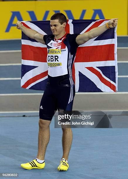 Craig Pickering of Great Britain and Northen Ireland wins the Mens 60M during the Aviva International Athletics Match at Kelvin Hall on January 30,...