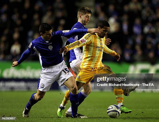 Wayne Routledge of Newcastle bursts past Paul Gallagher and Bruno Berner of Leicester during the first ever FA Respect Fixture at the Coca-Cola...