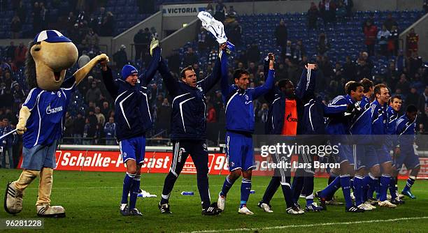 Kevin Kuranyi of Schalke celebrates with his team mates after winning the Bundesliga match between FC Schalke 04 and 1899 Hoffenheim at Veltins Arena...