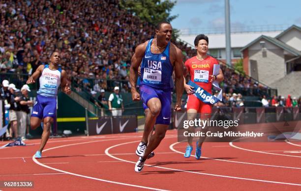 Ronnie Baker of the USA wins the men's 100 meters during the 2018 Prefontaine Classic at Hayward Field on May 26, 2018 in Eugene, Oregon.