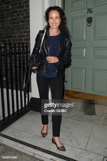 Andie MacDowell leaving Soho House private club on May 26, 2018 in London, England.