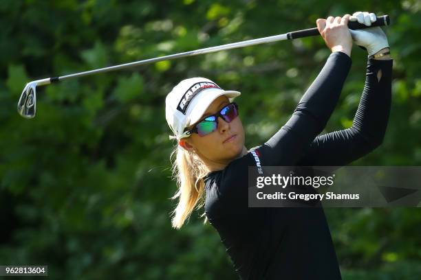 Jodi Ewart Shadoff of England watches her tee shot on the seventh hole during the third round of the LPGA Volvik Championship on May 26, 2018 at...