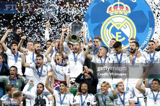 Goalkeeper Keylor Navas of Real Madrid, Daniel Carvajal of Real Madrid, Sergio Ramos of Real Madrid, Raphael Varane of Real Madrid, Cristiano Ronaldo...