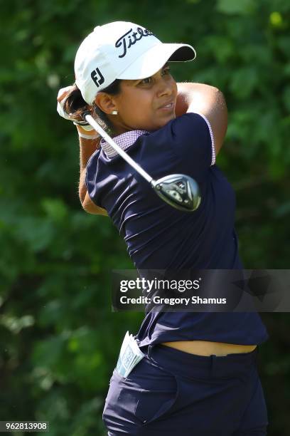 Julieta Granada of Paraguay watches her tee shot on the seventh hole during the third round of the LPGA Volvik Championship on May 26, 2018 at Travis...