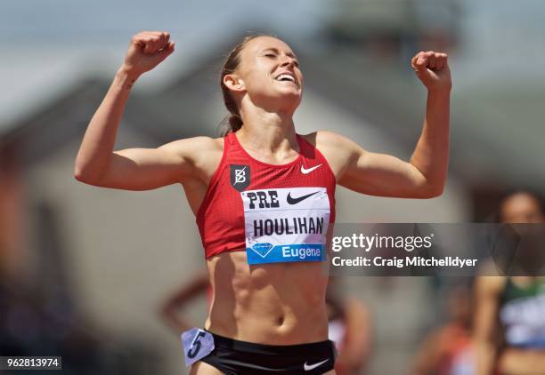 Shelby Houlihan of the USA reacts after winning the women's 1500 meters during the 2018 Prefontaine Classic at Hayward Field on May 26, 2018 in...