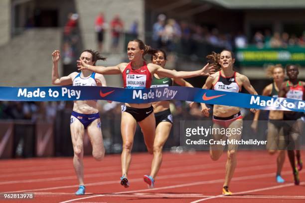 Shelby Houlihan of the USA wins the women's 1500 meters during the 2018 Prefontaine Classic at Hayward Field on May 26, 2018 in Eugene, Oregon.