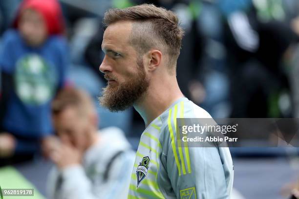 Stefan Frei of Seattle Sounders recacts after losing 0-1 to the Real Salt Lake during their game at CenturyLink Field on May 26, 2018 in Seattle,...