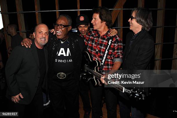 Billy Joel, Sam Moore, Tom Morello, John Fogerty and Jackson Browne attends the 25th Anniversary Rock & Roll Hall of Fame Concert at Madison Square...