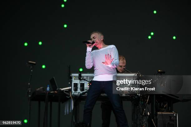 Karl Hyde and Gavin Price of Underworld performs at the BBC 6Music Biggest Weekend at Titanic Slipways on May 26, 2018 in Belfast, Northern Ireland.