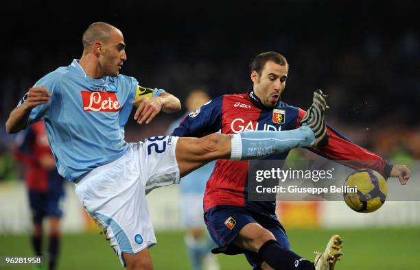 Paolo Cannavaro of Napoli and Rodrigo Palacio of Genoa in action during the Serie A match between Napoli and Genoa at Stadio San Paolo on January 30,...