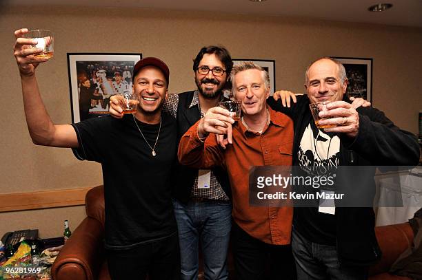 Exclusive* Tom Morello, Tao Rodriguez-Seeger and Billy Bragg backstage at the Clearwater benefit concert celebrating Pete Seeger's 90th birthday at...