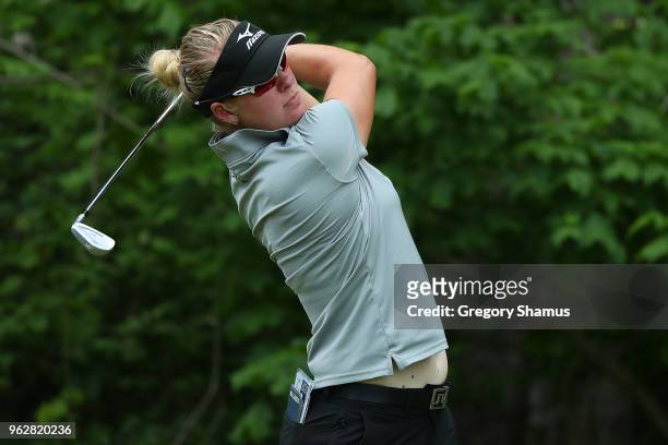 Nicole Broch Larsen of Denmark watches her tee shot on the seventh hole during the third round of the LPGA Volvik Championship on May 26, 2018 at...