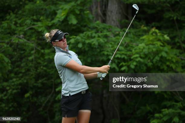 Nicole Broch Larsen of Denmark watches her tee shot on the seventh hole during the third round of the LPGA Volvik Championship on May 26, 2018 at...