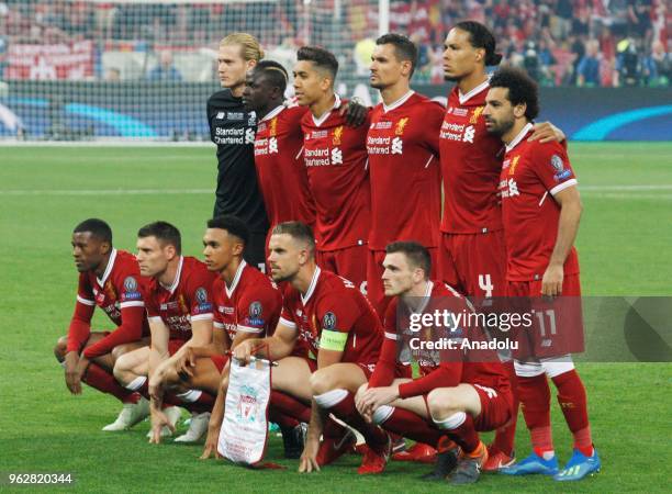 Liverpool players pose for a team photo prior to the UEFA Champions League final football match between Real Madrid and Liverpool FC at the...
