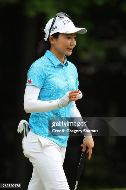 Ayako Uehara of Japan waves to fans after a birdie on the sixth green during the third round of the LPGA Volvik Championship on May 26, 2018 at...