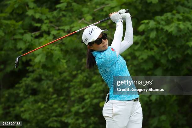 Ayako Uehara of Japan watches her tee shot on the seventh hole during the third round of the LPGA Volvik Championship on May 26, 2018 at Travis...