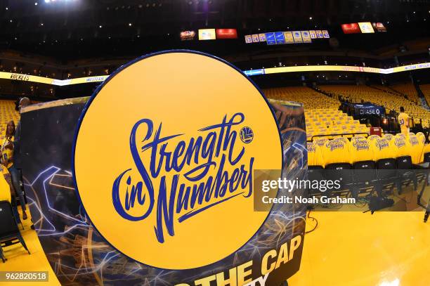 Golden State Warriors "Strength in Numbers" logo before game against the Houston Rockets before Game Six of the Western Conference Finals during the...