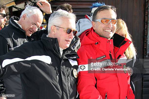 Giulio Tremonti, Minister of Economy and Finance and the Italian Foreign Minister Franco Frattini attends a slalom race during the 1st Criterium On...