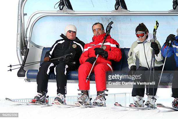 Giulio Tremonti, Minister of Economy and Finance, the Italian Foreign Minister Franco Frattini and Stella Coppi attend a slalom race during the 1st...