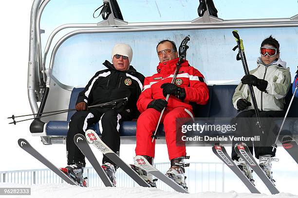 Giulio Tremonti, Minister of Economy and Finance, the Italian Foreign Minister Franco Frattini and Stella Coppi attend a slalom race during the 1st...