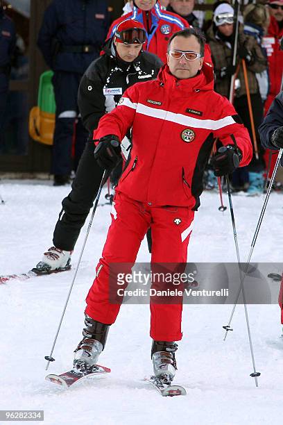 The Italian Foreign Minister Franco Frattini attends a slalom race during the 1st Criterium On The Snow of Italian Parliamentarists on January 30,...