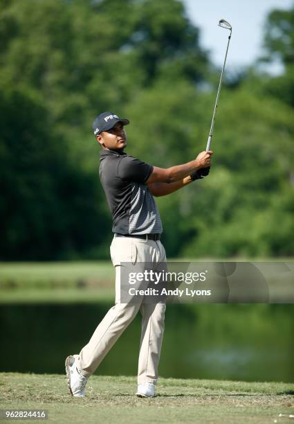 Sebastian Munoz of Columbia hits his tee shot on the 10th hole during the third round of the Nashville Golf Open at the Nashville Golf and Athletic...