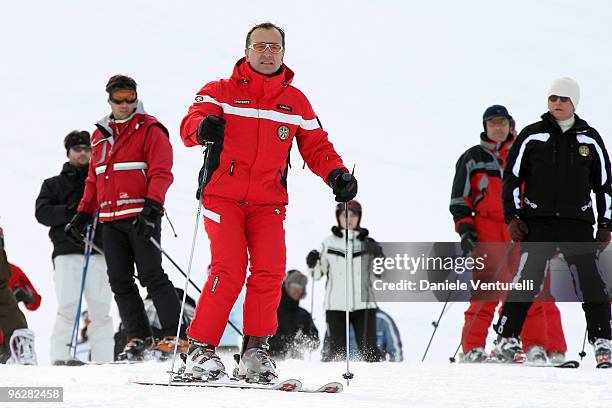 The Italian Foreign Minister Franco Frattini attends a slalom race during the 1st Criterium On The Snow of Italian Parliamentarists on January 30,...