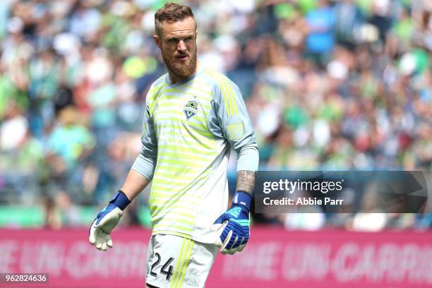 Stefan Frei of Seattle Sounders looks on in the first half agianst the Real Salt Lake during their game at CenturyLink Field on May 26, 2018 in...