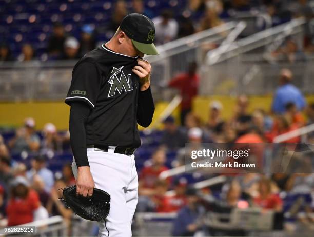 Brad Ziegler of the Miami Marlins leaves the mound during the game during the ninth inning against the Washington Nationals at Marlins Park on May...