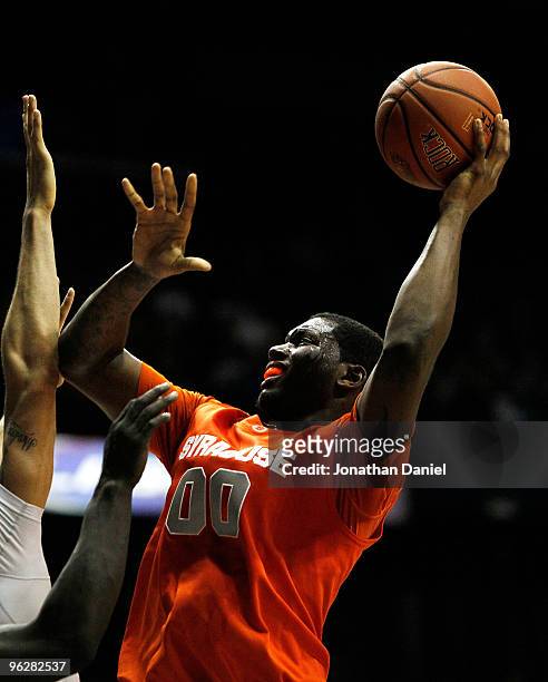 Rick Jackson of the Syracuse Orange puts up a second half shot against the DePaul Blue Demons at the Allstate Arena on January 30, 2010 in Rosemont,...