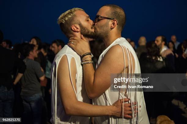 Members of the LGBT community kiss to claim free love during the parade of LGBT Salerno Pride 2018 organized by Arcigay Salerno, to claim the civil...