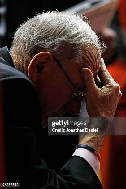 Head coach Jim Boeheim of the Syracuse Orange reacts as he talks to his team during a time-out against the DePaul Blue Demons at the Allstate Arena...