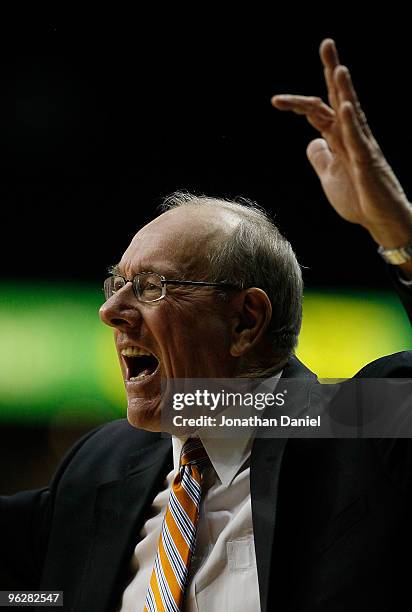 Head coach Jim Boeheim of the Syracuse Orange yells at a referee during a game against the DePaul Blue Demons at the Allstate Arena on January 30,...