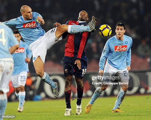 David Suazo of Genoa and Paolo Cannavaro of Napoli in action during the Serie A match between Napoli and Genoa at Stadio San Paolo on January 30,...