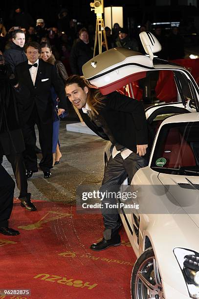 David Garrett getting out of the car attends the Goldene Kamera 2010 Award at the Axel Springer Verlag on January 30, 2010 in Berlin, Germany.