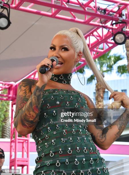 Model/actress Amber Rose speaks to guests at the Flamingo Go Pool Dayclub at Flamingo Las Vegas on May 26, 2018 in Las Vegas, Nevada.