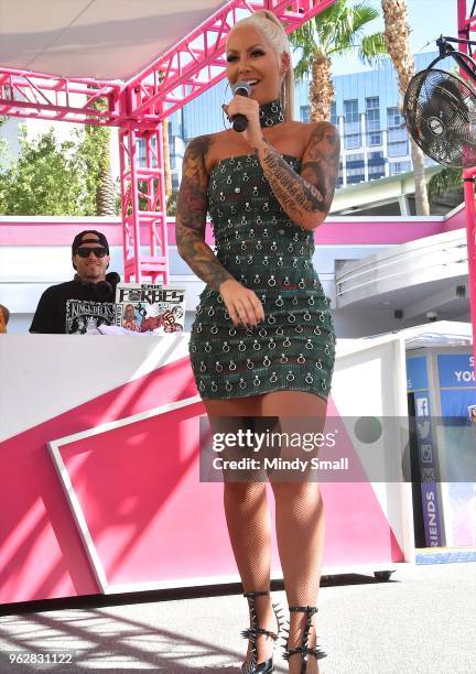 Model/actress Amber Rose speaks to guests at the Flamingo Go Pool Dayclub at Flamingo Las Vegas on May 26, 2018 in Las Vegas, Nevada.