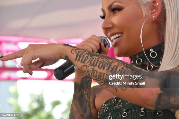 Model/actress Amber Rose, tattoo detail, speaks to guests at the Flamingo Go Pool Dayclub at Flamingo Las Vegas on May 26, 2018 in Las Vegas, Nevada.