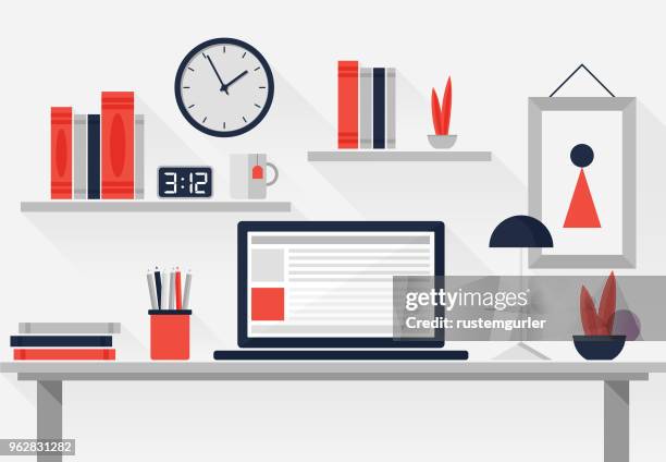 flache arbeitsbereich - schreibtisch stock-grafiken, -clipart, -cartoons und -symbole