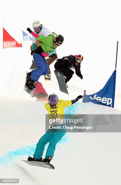 Lindsey Jacobellis of Stratton, Vermont leads her semifinal heat enroute to winning the Women's Snowboarder X at Winter X Games 14 at Buttermilk...