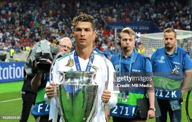 Cristiano Ronaldo of Real Madrid with a trophy after the UEFA Champions League final between Real Madrid and Liverpool at NSC Olimpiyskiy Stadium on...