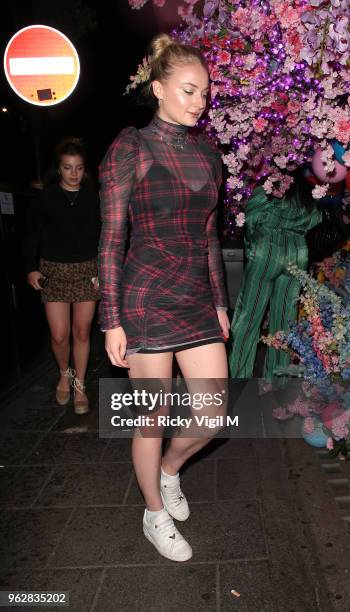 Sophie Turner leaves Sexy Fish after dining with friends at Sexy Fish on May 26, 2018 in London, England.