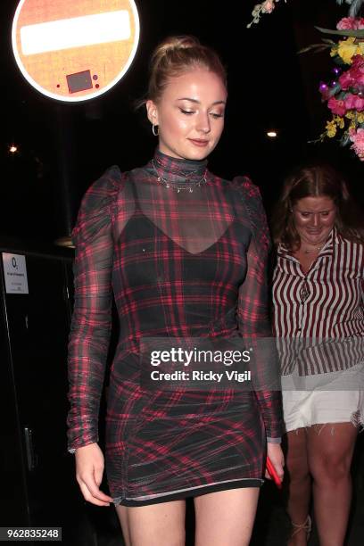 Sophie Turner leaves Sexy Fish after dining with friends at Sexy Fish on May 26, 2018 in London, England.