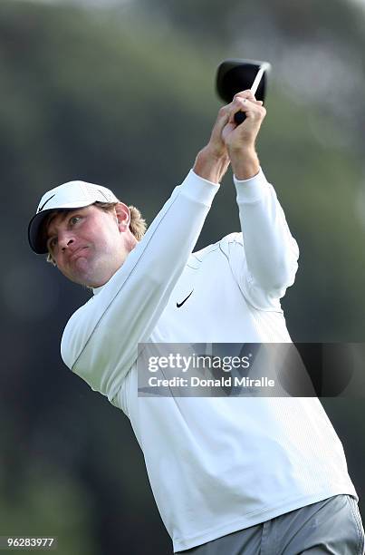 Lucas Glover tees off the 18th hole during the third round of the 2010 Farmers Insurance Open on January 30, 2010 at Torrey Pines Golf Course in La...